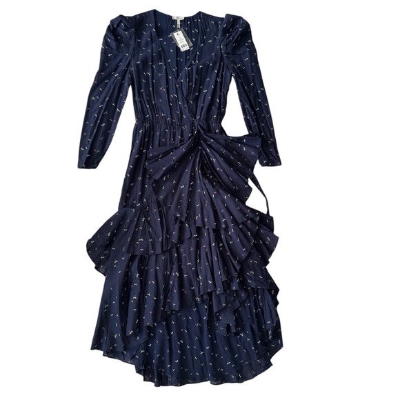 NWT Joie Ruffle Maxi Dress, Puff Sleeves, Tiered Skirt, Dragonfly Print, Sz L - Picture 1 of 15